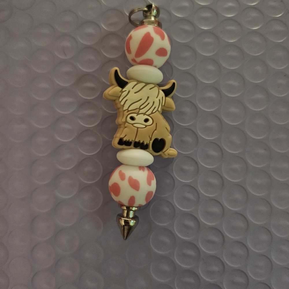 Cute Cow Keychain with Pink and White Beads